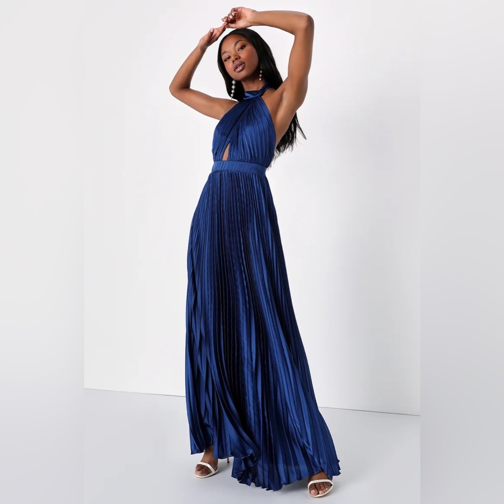 Lulus Midnight Moves Navy Blue Pleated Satin Cutout Halter Maxi Dress